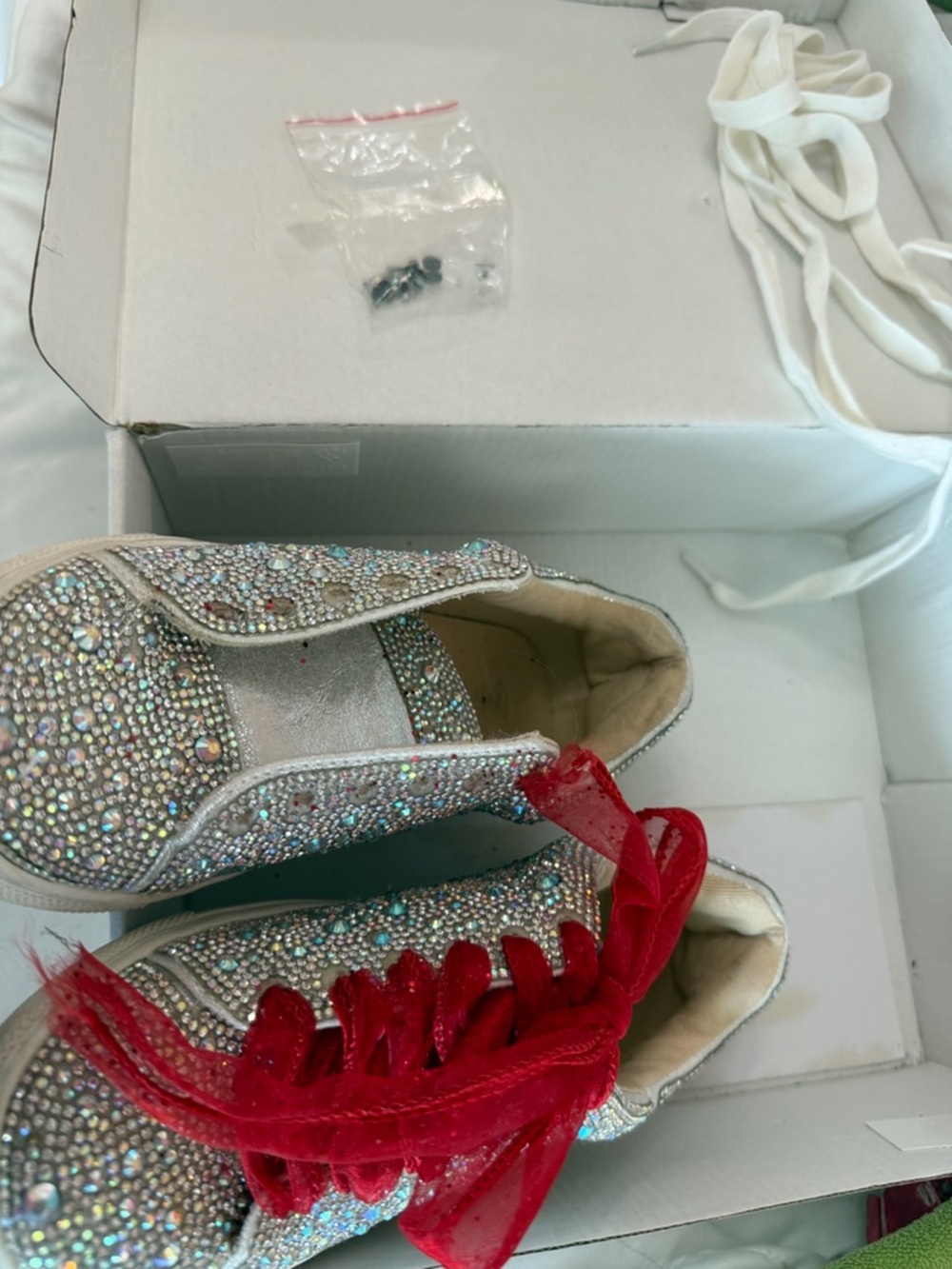 Betsey Johnson Silver Rhinestone Kids Sneakers with Red Ribbon Laces